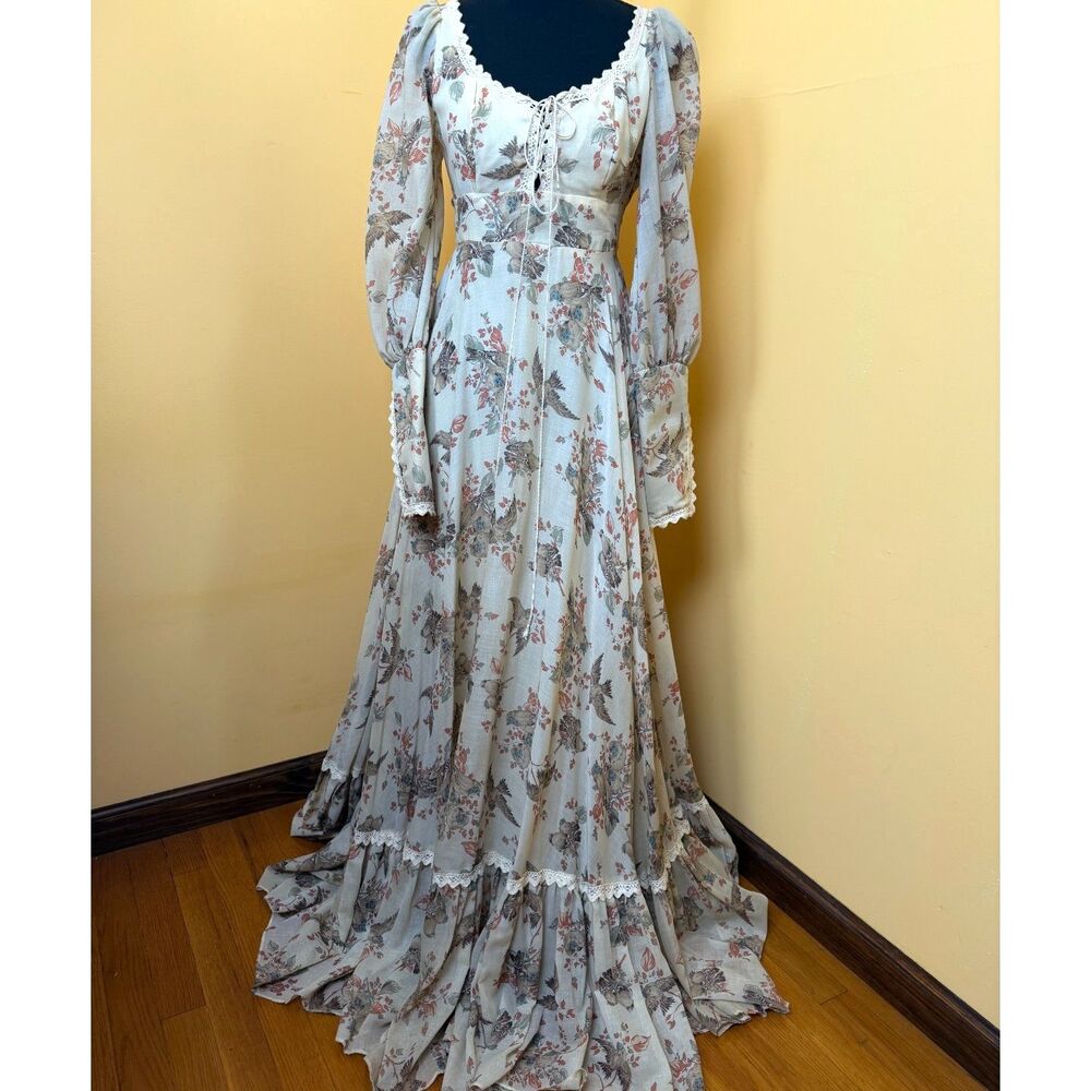 Vtg 70s Gunne Sax Rare Bird Print Prairie Maxi Dress Corset Lace Size 7 Pristine